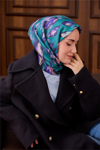 Twill Silk Scarf, Turquoise-Lilac Pattern, Firm Structure, 90x90 cm