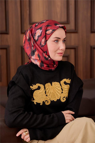 Twill İpek Eşarp Kırmızı-Siyah Desenli Tok Duruşlu 90X90