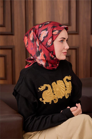 Twill İpek Eşarp Kırmızı-Siyah Desenli Tok Duruşlu 90X90