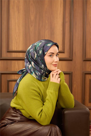 Twill İpek Eşarp Koyu Mor-Zümrüt Desenli Tok Duruşlu 90X90