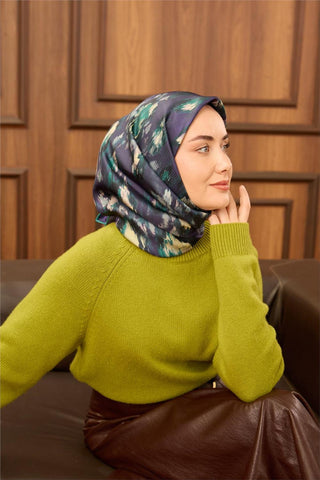 Twill İpek Eşarp Koyu Mor-Zümrüt Desenli Tok Duruşlu 90X90