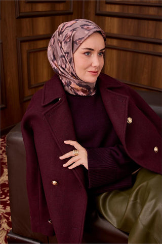 Twill İpek Eşarp Vizon-Acı Kahve Desenli Tok Duruşlu 90X90