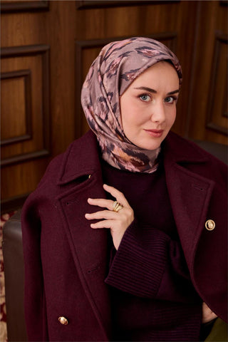 Twill İpek Eşarp Vizon-Acı Kahve Desenli Tok Duruşlu 90X90