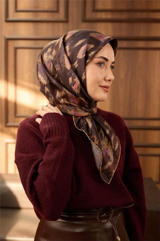 Twill İpek Eşarp Acı Kahve-Vizon Desenli Tok Duruşlu 90X90