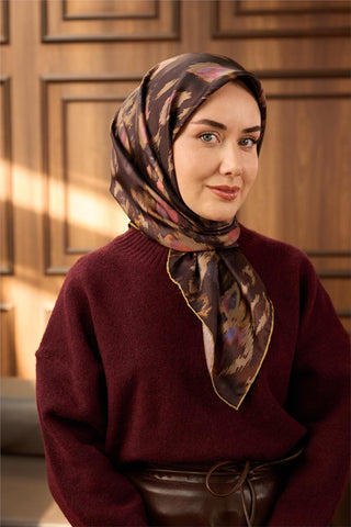 Twill İpek Eşarp Acı Kahve-Vizon Desenli Tok Duruşlu 90X90