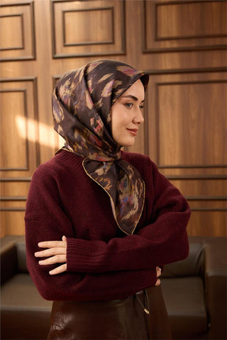 Twill İpek Eşarp Acı Kahve-Vizon Desenli Tok Duruşlu 90X90
