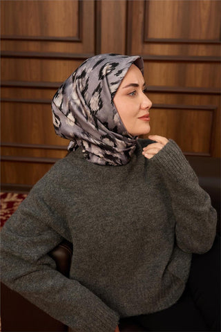 Twill İpek Eşarp Siyah-Füme Desenli Tok Duruşlu 90X90