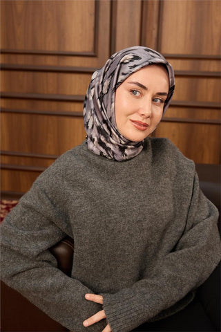 Twill İpek Eşarp Siyah-Füme Desenli Tok Duruşlu 90X90