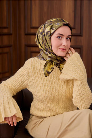 Twill İpek Eşarp Yeşil-Kahverengi Kamuflaj Desenli Tok Duruşlu 90X90