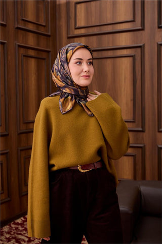 Twill İpek Eşarp Patlıcan Moru-Hardal Yaprak Desenli Tok Duruşlu 90X90