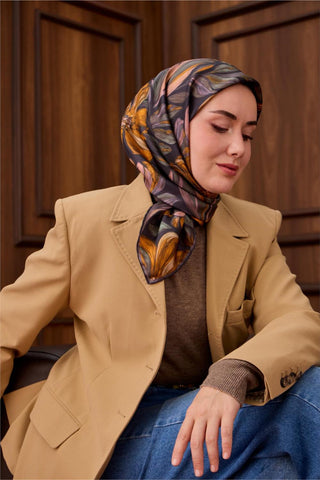 Twill İpek Eşarp Antrasit-Hardal Desenli Tok Duruşlu 90X90