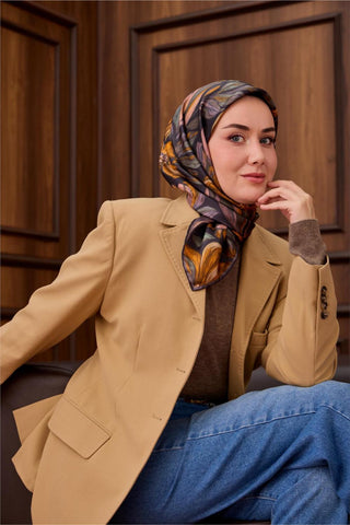 Twill İpek Eşarp Antrasit-Hardal Desenli Tok Duruşlu 90X90