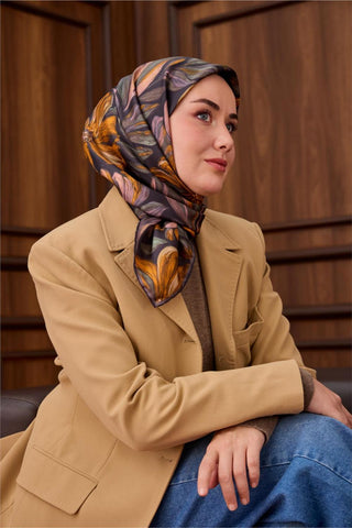 Twill İpek Eşarp Antrasit-Hardal Desenli Tok Duruşlu 90X90