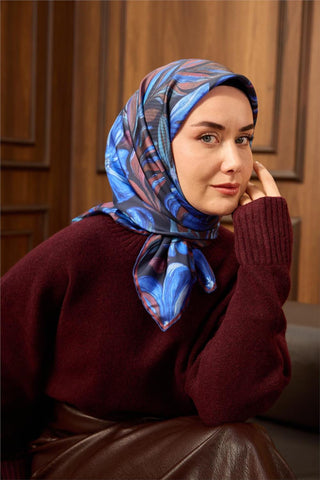Twill İpek Eşarp Koyu Lacivert-Saks Mavi Desenli Tok Duruşlu 90X90