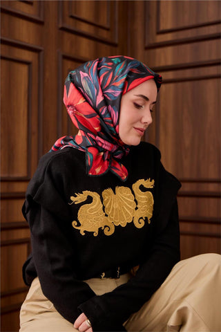 Twill İpek Eşarp Siyah-Zümrüt Mercan Desenli Tok Duruşlu 90X90