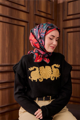 Twill İpek Eşarp Siyah-Zümrüt Mercan Desenli Tok Duruşlu 90X90