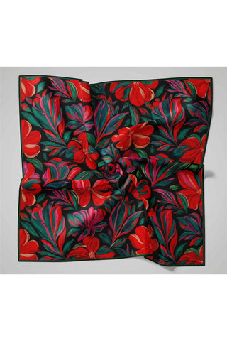 Twill İpek Eşarp Siyah-Zümrüt Mercan Desenli Tok Duruşlu 90X90