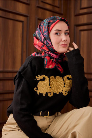 Twill İpek Eşarp Siyah-Zümrüt Mercan Desenli Tok Duruşlu 90X90