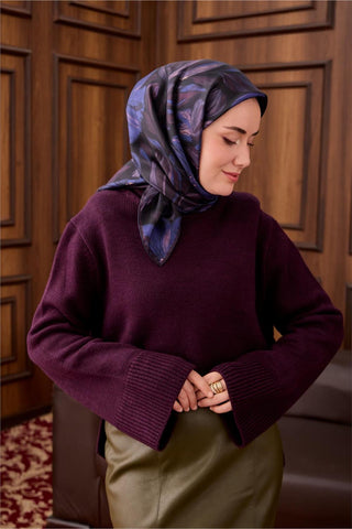 Twill İpek Eşarp Siyah-Mor Soyut Desenli Tok Duruşlu 90X90