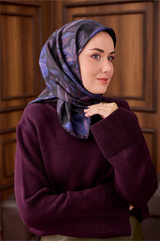 Twill İpek Eşarp Siyah-Mor Soyut Desenli Tok Duruşlu 90X90