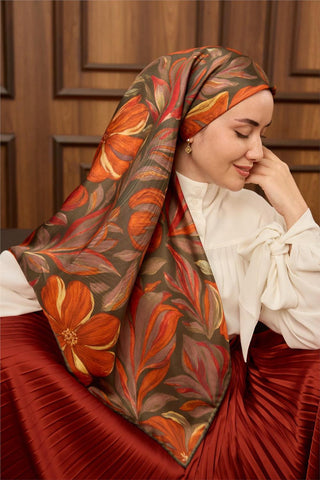 Twill İpek Eşarp Yeşil-Turuncu-Sarı-Pudra-Kızıl Turuncu Desenli Tok Duruşlu 90X90