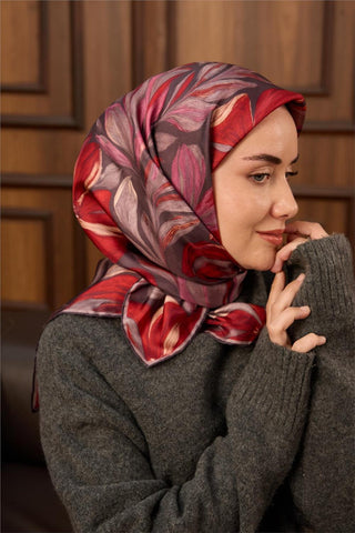 Twill İpek Eşarp Mor-Pastel Mor-Kızıl Turuncu-Pembe Desenli Tok Duruşlu 90X90