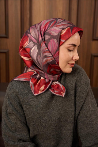 Twill İpek Eşarp Mor-Pastel Mor-Kızıl Turuncu-Pembe Desenli Tok Duruşlu 90X90