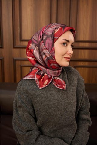 Twill İpek Eşarp Mor-Pastel Mor-Kızıl Turuncu-Pembe Desenli Tok Duruşlu 90X90