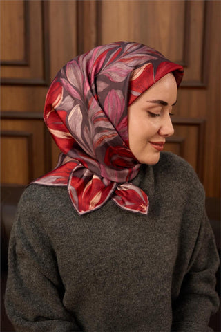 Twill İpek Eşarp Mor-Pastel Mor-Kızıl Turuncu-Pembe Desenli Tok Duruşlu 90X90