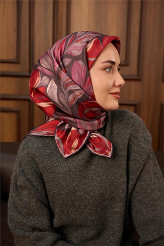 Twill İpek Eşarp Mor-Pastel Mor-Kızıl Turuncu-Pembe Desenli Tok Duruşlu 90X90