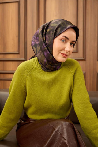 Twill İpek Eşarp Siyah-Yeşil-Mor-Pembe Desenli Tok Duruşlu 90X90