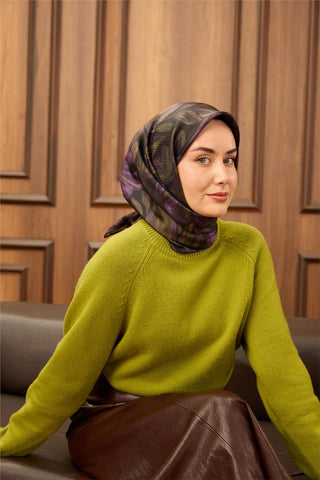 Twill İpek Eşarp Siyah-Yeşil-Mor-Pembe Desenli Tok Duruşlu 90X90