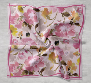 Twill İpek Eşarp Çiçek Desen Pudra Pembe 90x90 - Twill İpek Eşarp - | Silk Home