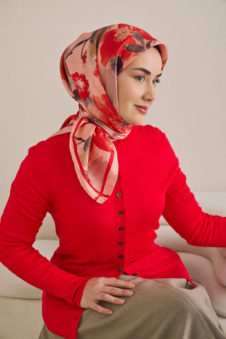 Twill İpek Eşarp Çiçek Desen Toz Pembe 90x90 - Twill İpek Eşarp - | Silk Home