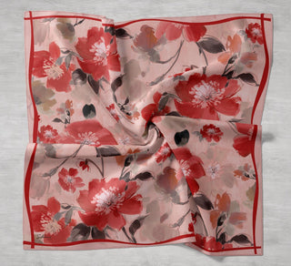 Twill İpek Eşarp Çiçek Desen Toz Pembe 90x90 - Twill İpek Eşarp - | Silk Home