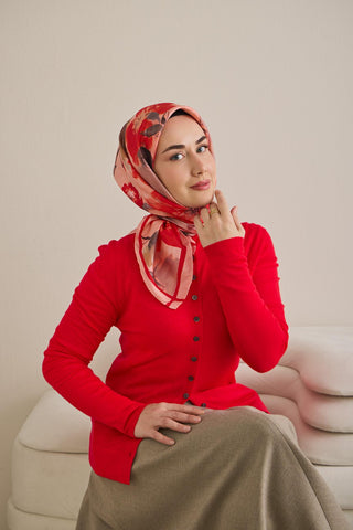 Twill İpek Eşarp Çiçek Desen Toz Pembe 90x90 - Twill İpek Eşarp - | Silk Home