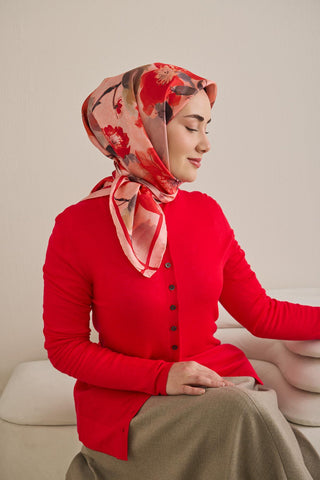 Twill İpek Eşarp Çiçek Desen Toz Pembe 90x90 - Twill İpek Eşarp - | Silk Home