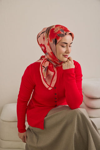 Twill İpek Eşarp Çiçek Desen Toz Pembe 90x90 - Twill İpek Eşarp - | Silk Home
