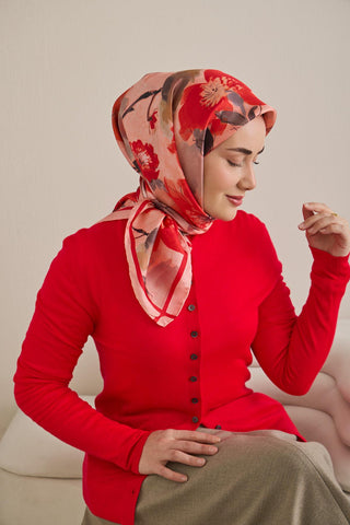 Twill İpek Eşarp Çiçek Desen Toz Pembe 90x90 - Twill İpek Eşarp - | Silk Home