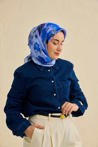 Twill İpek Eşarp Çiçek Desen Bebe Mavi 90x90 - Twill İpek Eşarp - | Silk Home