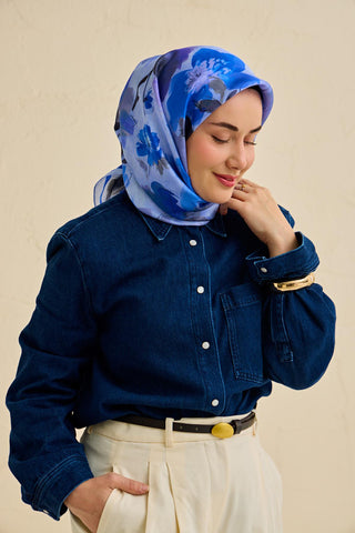 Twill İpek Eşarp Çiçek Desen Bebe Mavi 90x90 - Twill İpek Eşarp - | Silk Home
