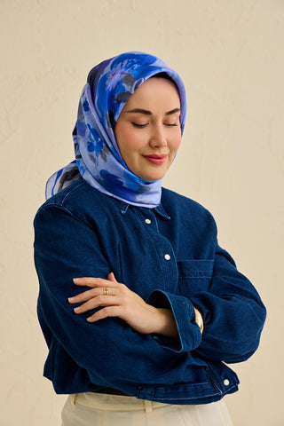 Twill İpek Eşarp Çiçek Desen Bebe Mavi 90x90 - Twill İpek Eşarp - | Silk Home
