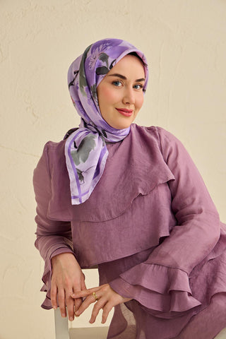 Twill İpek Eşarp Çiçek Desen Soft Lila 90x90 - Twill İpek Eşarp - | Silk Home