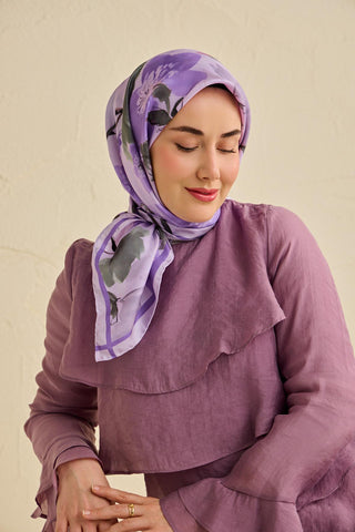 Twill İpek Eşarp Çiçek Desen Soft Lila 90x90 - Twill İpek Eşarp - | Silk Home