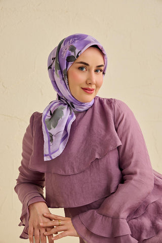 Twill İpek Eşarp Çiçek Desen Soft Lila 90x90 - Twill İpek Eşarp - | Silk Home