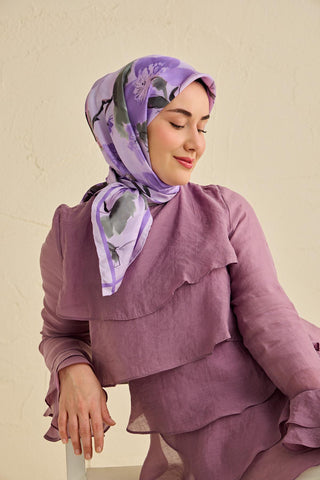 Twill İpek Eşarp Çiçek Desen Soft Lila 90x90 - Twill İpek Eşarp - | Silk Home