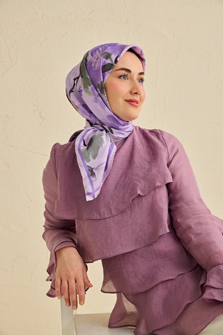 Twill İpek Eşarp Çiçek Desen Soft Lila 90x90 - Twill İpek Eşarp - | Silk Home
