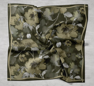 Twill İpek Eşarp Çiçek Desen Koyu Yeşil 90x90 - Twill İpek Eşarp - | Silk Home