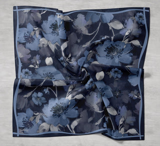 Twill İpek Eşarp Çiçek Desen Lacivert 90x90 - Twill İpek Eşarp - | Silk Home
