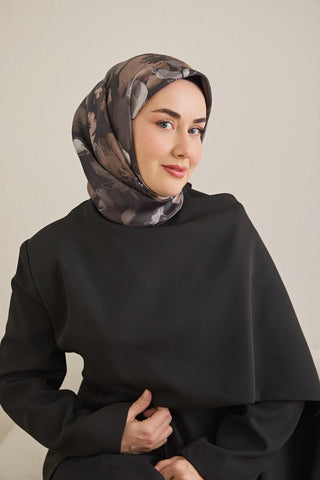 Twill İpek Eşarp Çiçek Desen Antrasit 90x90 - Twill İpek Eşarp - | Silk Home